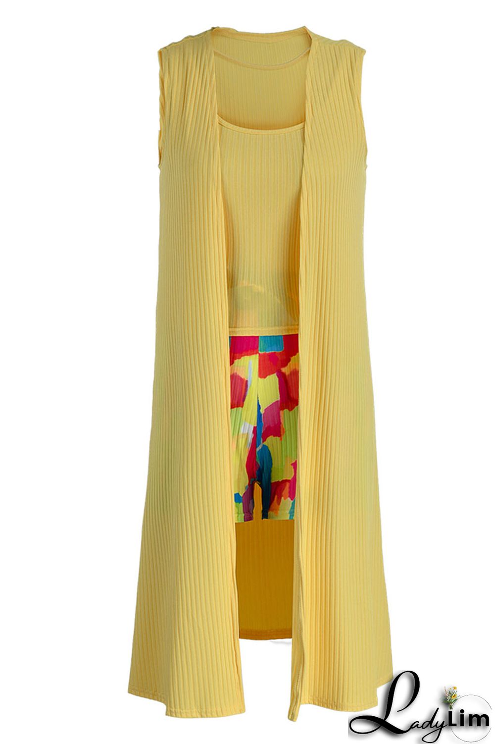 Golden Yellow Casual Print Patchwork U Neck Sleeveless Three Pieces