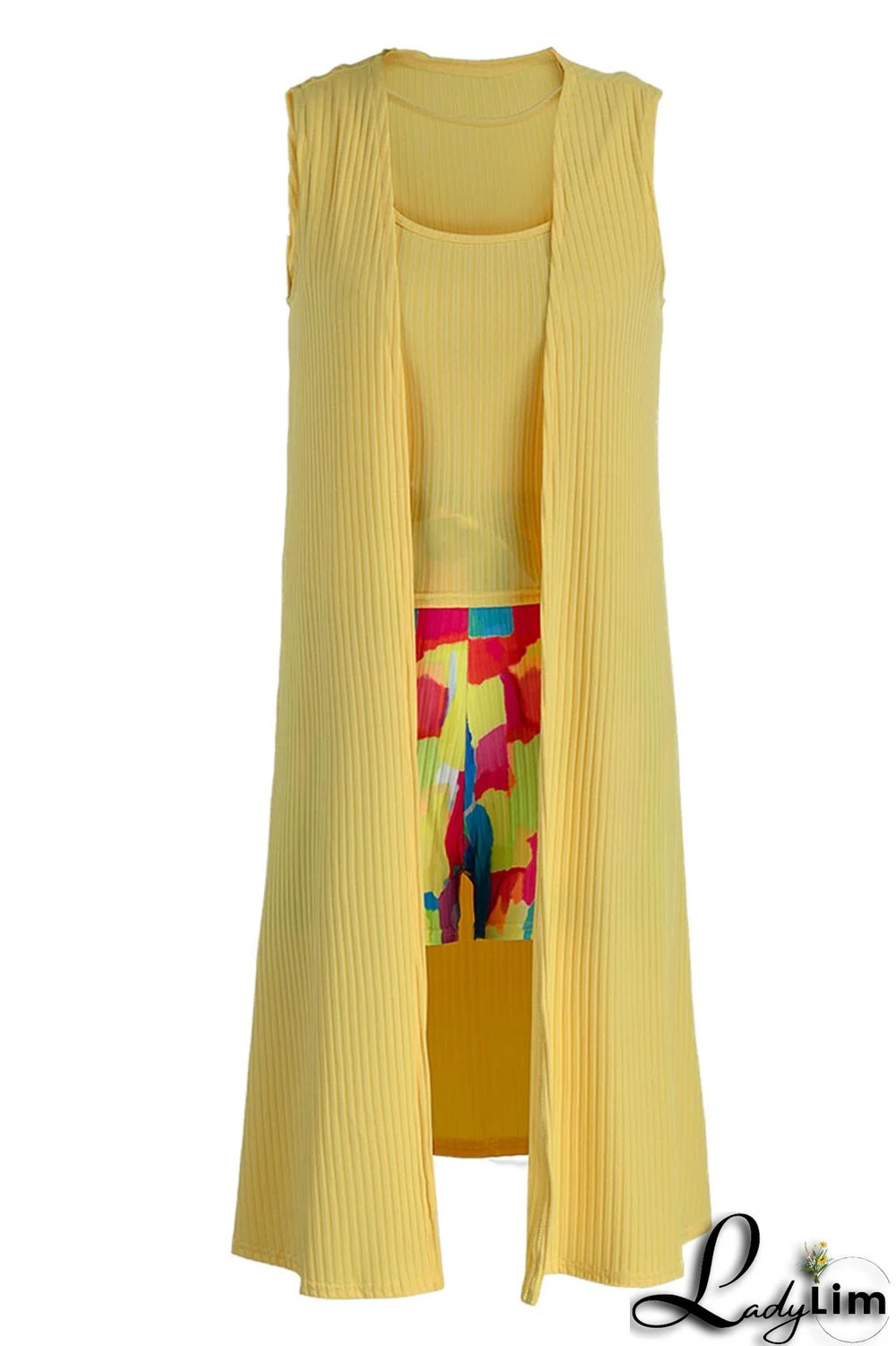 Golden Yellow Casual Print Patchwork U Neck Sleeveless Three Pieces