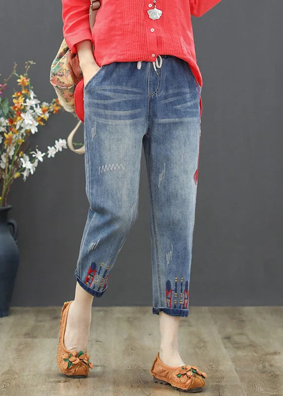 Vintage Light Blue Embroideried Tie Waist Crop Jeans Summer