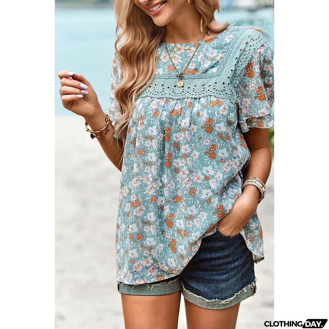 Floral Lace Round Neck Ruffle Loose Fit Top