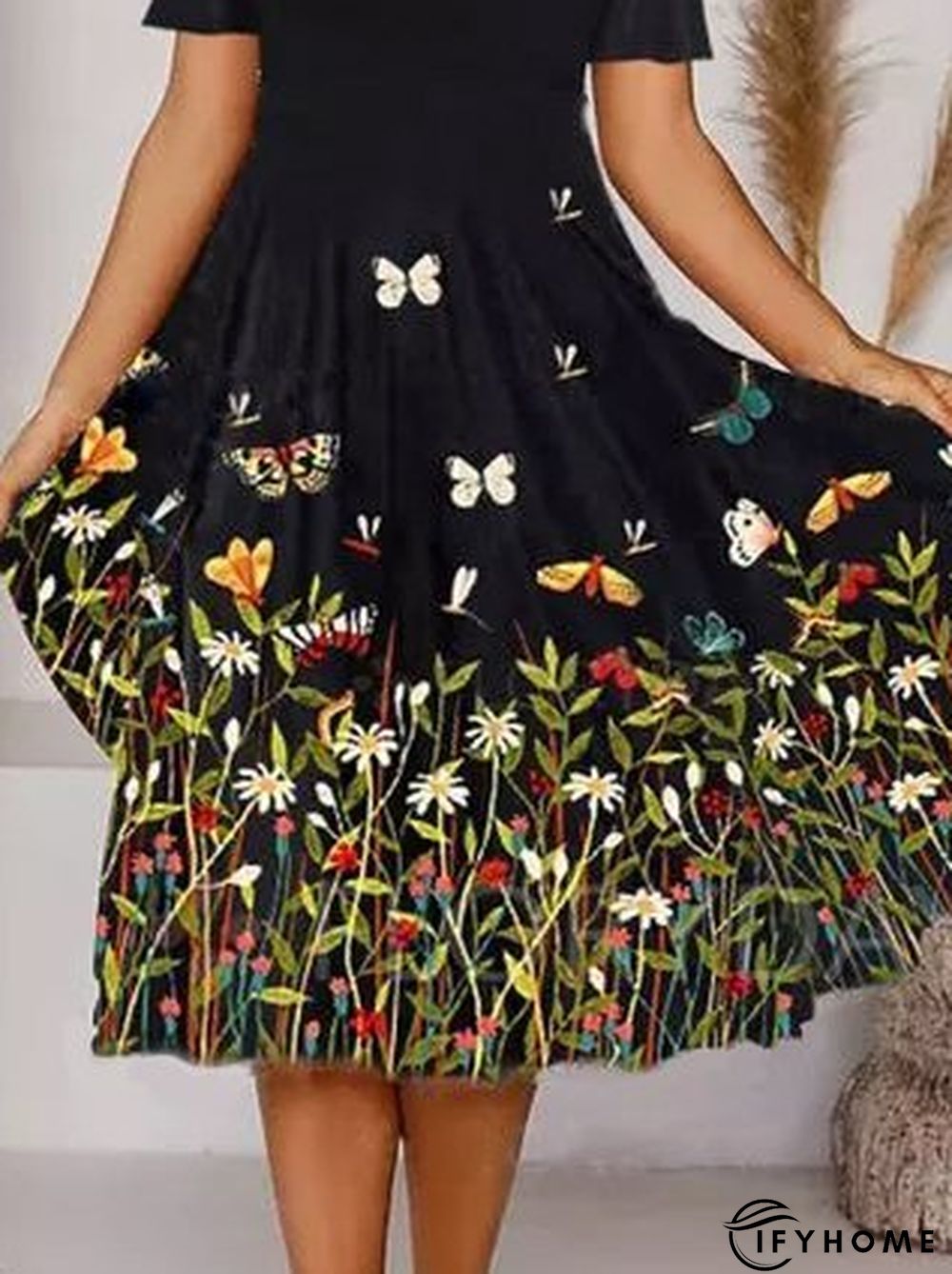 Bateau/Boat Neck Holiday Cotton Short Sleeve Knitting Dress | IFYHOME