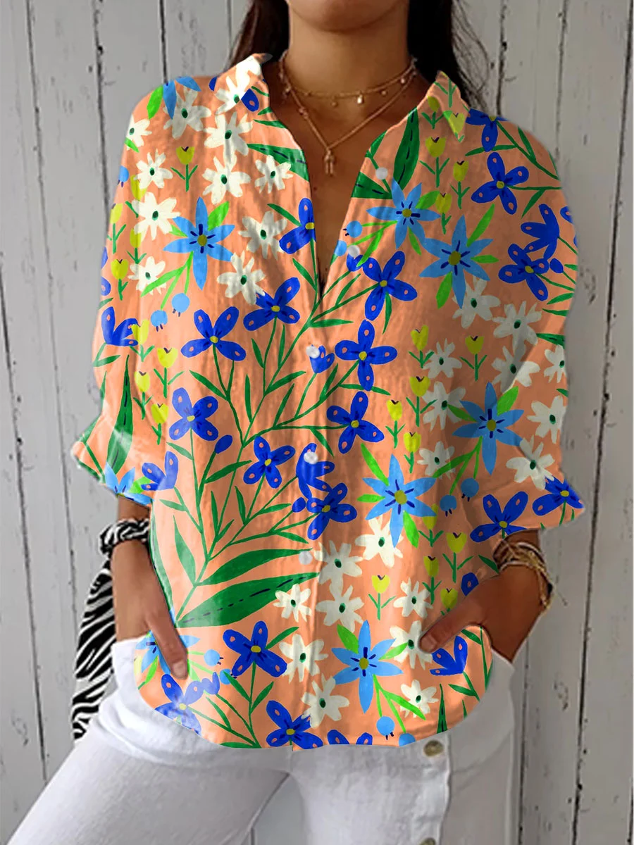 Women's Bright Flower Art Print Casual Linen V-neck Shirt