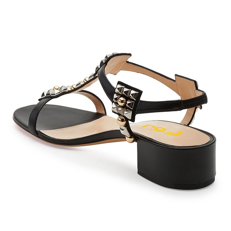 Black T Strap Sandals Open Toe Chunky Heels Sandals |FSJ Shoes