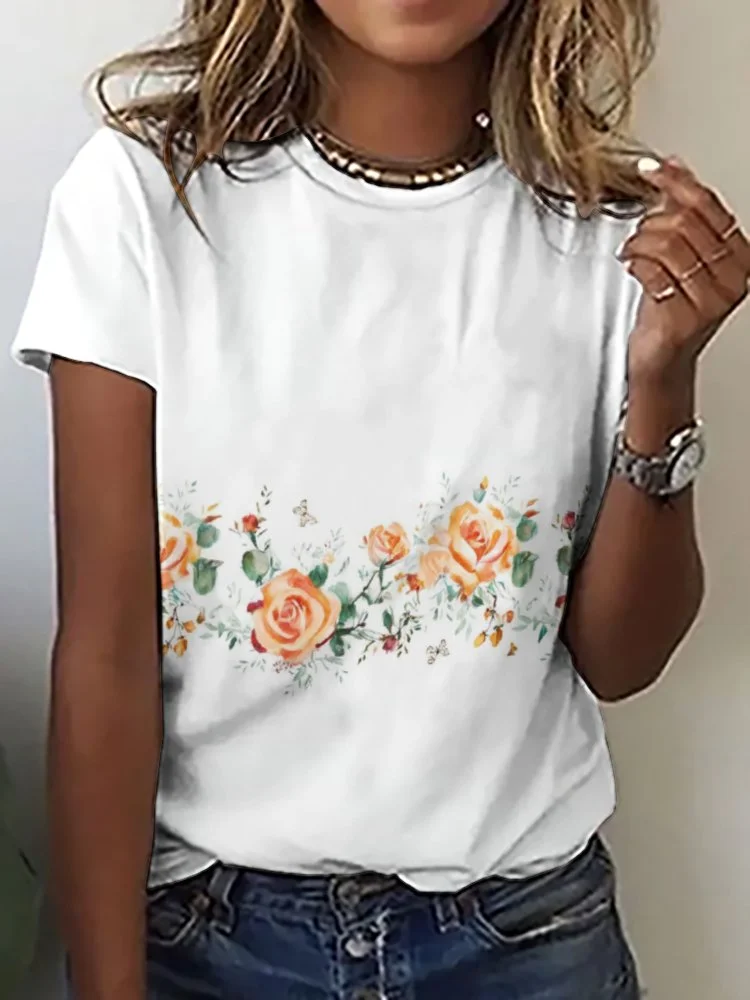 Printed Short Sleeve Casual T-shirt for  Women and Men Unisex Pattern Floral, Yellow, Pink