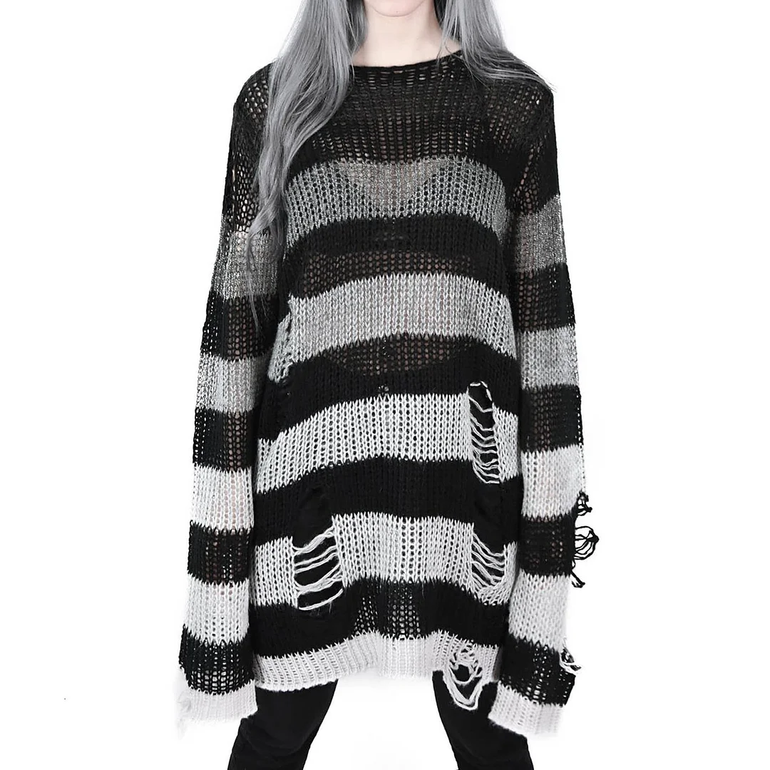 Punk Gothic Long Unisex Sweater Summer Women Striped Cool Hollow Out Hole Broken Jumper Loose Rock Thin Dark Streetwear Top