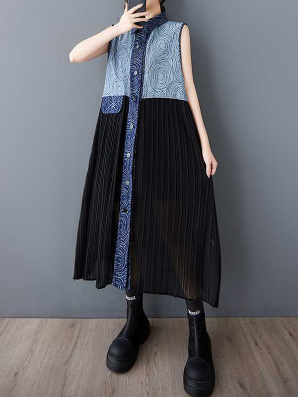 Patchwork Print Sleeveless Polo Collar Loose Vintage Midi Dress