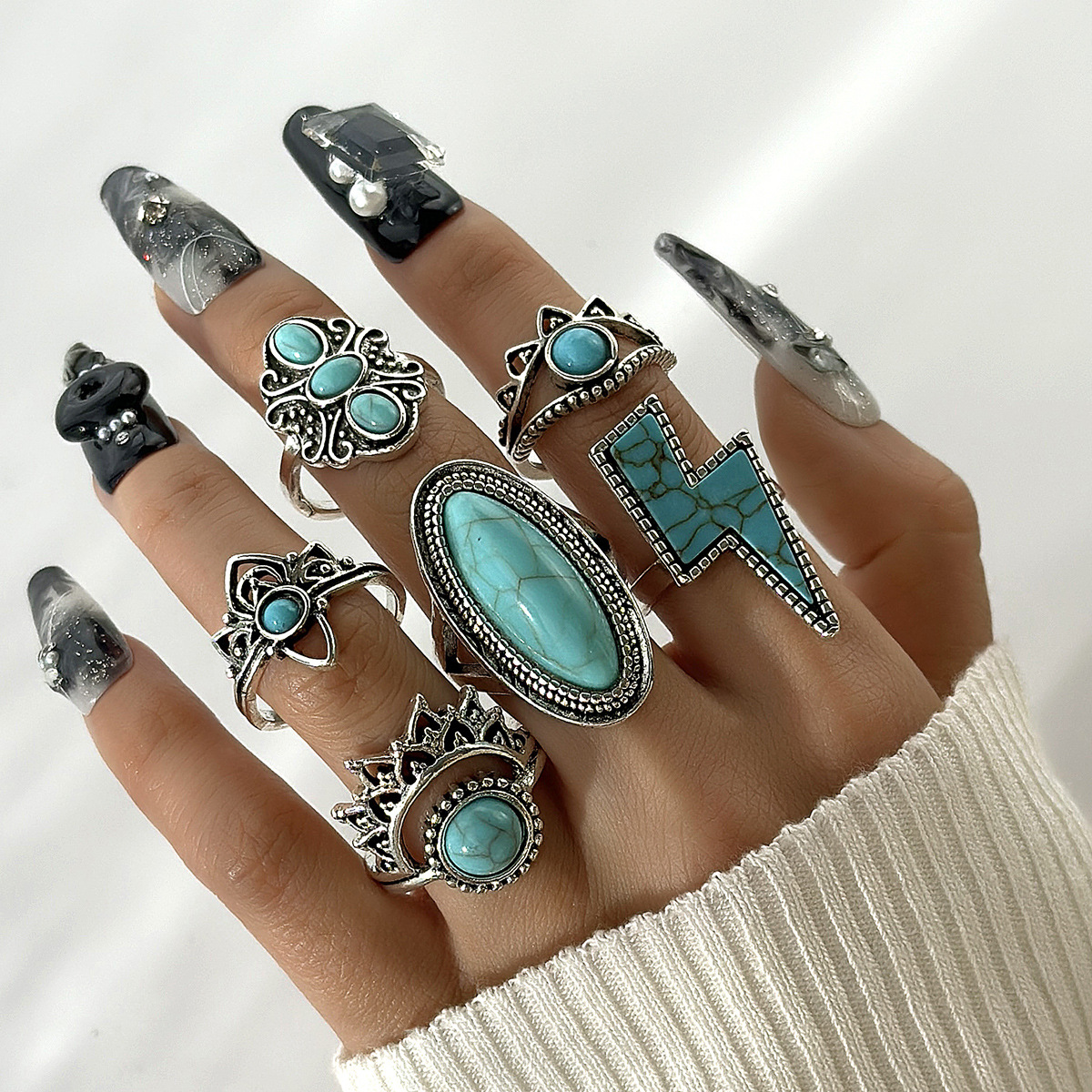 Bohemian Vintage Turquoise Cross Lightning Ring Set