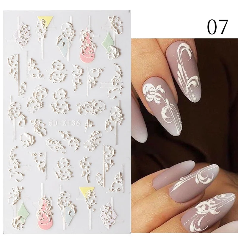 1PC French 5D Nail Sticker Embossed Flower Bubble Pattern Self-Adhesive Slider Wedding Design Nails Decals Nail Art Decoration-Nail Inspo