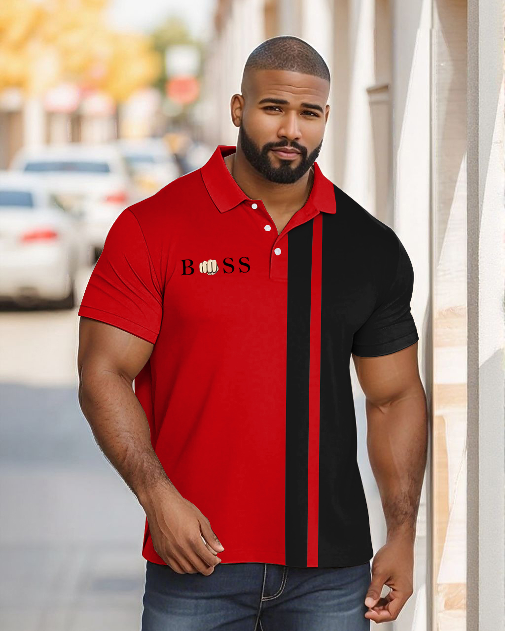 Men's Plus Size Red Vertical Stripes Stitching Polo Shirt