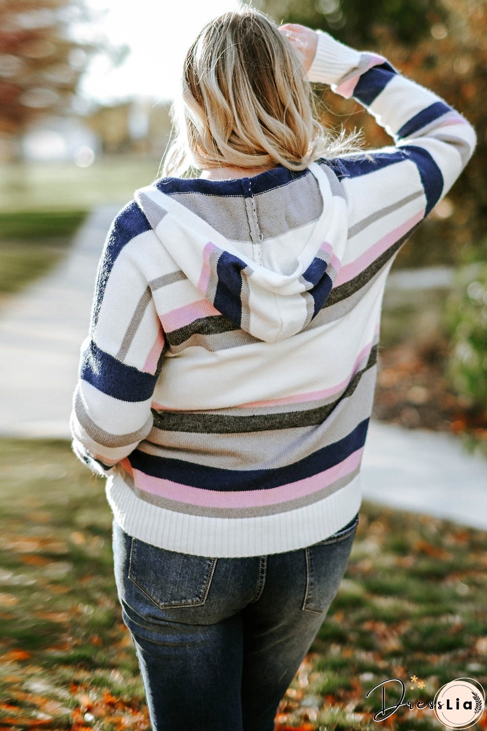 Plus Size Striped Hooded Knit Sweater