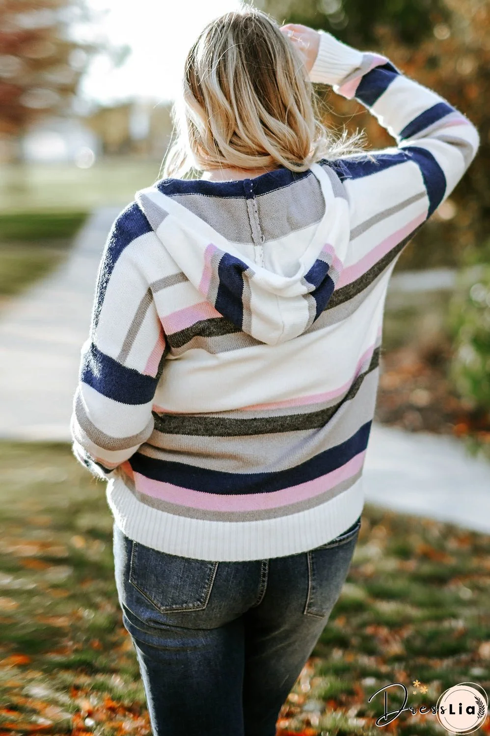Plus Size Striped Hooded Knit Sweater