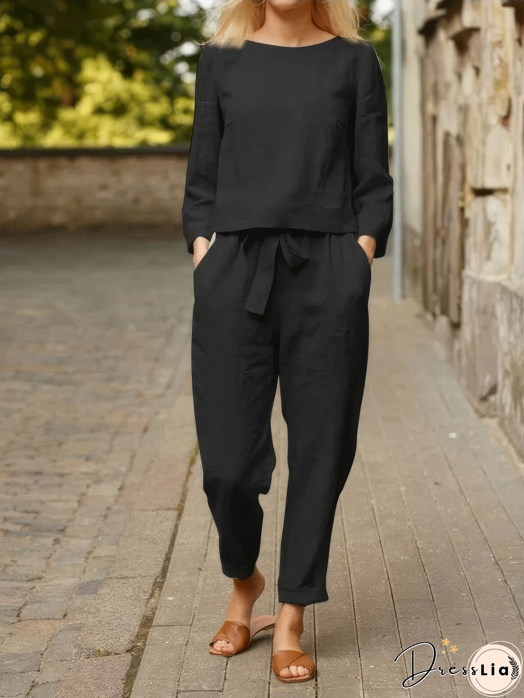 Solid Long Sleeve Top & Belted Pocket Trousers Two-Piece Suit