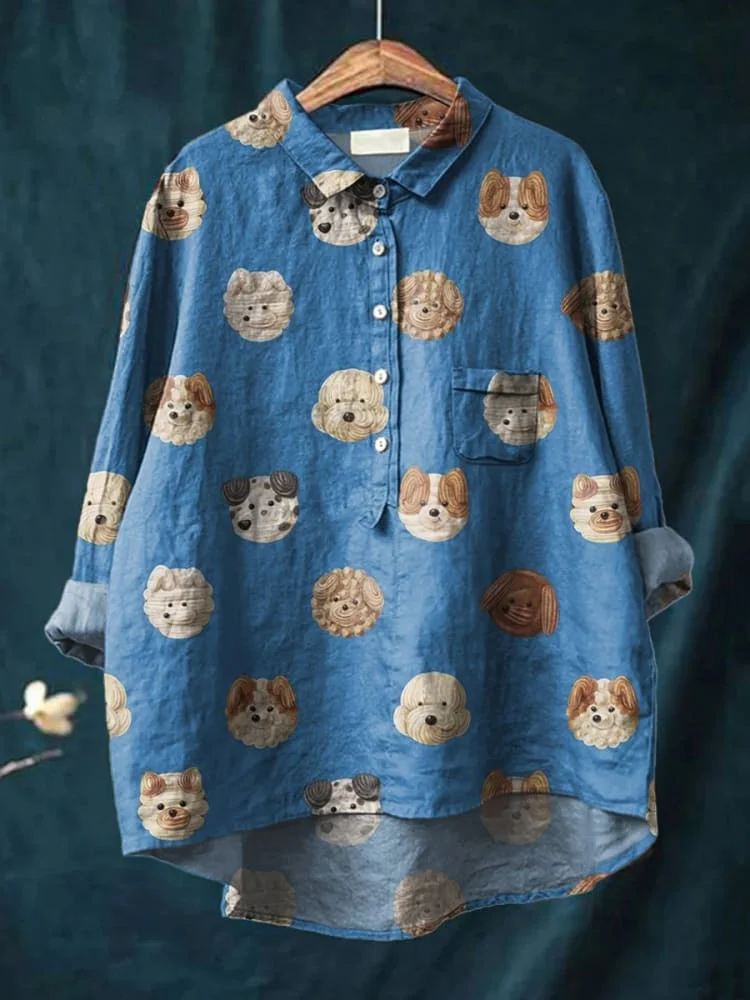 Lovely Dog Cookie Pattern Printed Women's Casual Cotton And Linen Shirt