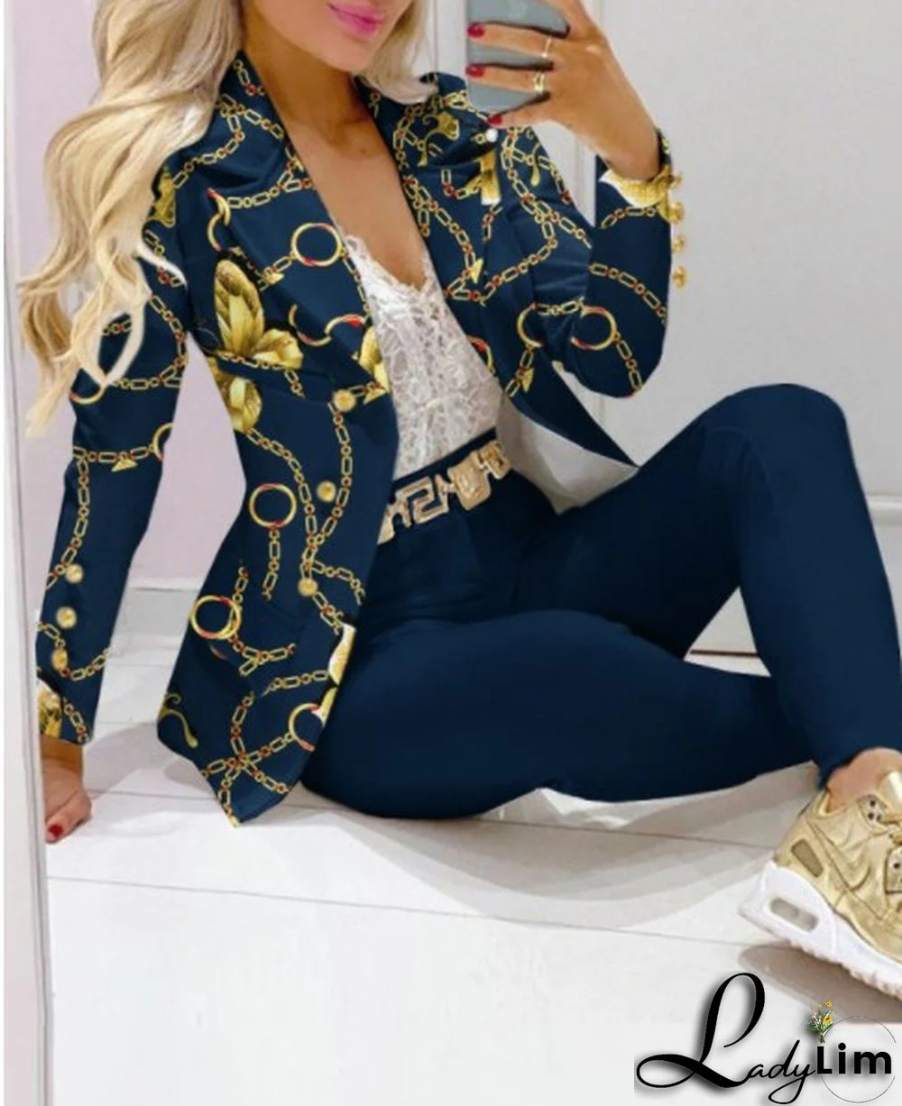 Fall Casual Fashion Suits Women's Print Blazer and pants two piece set