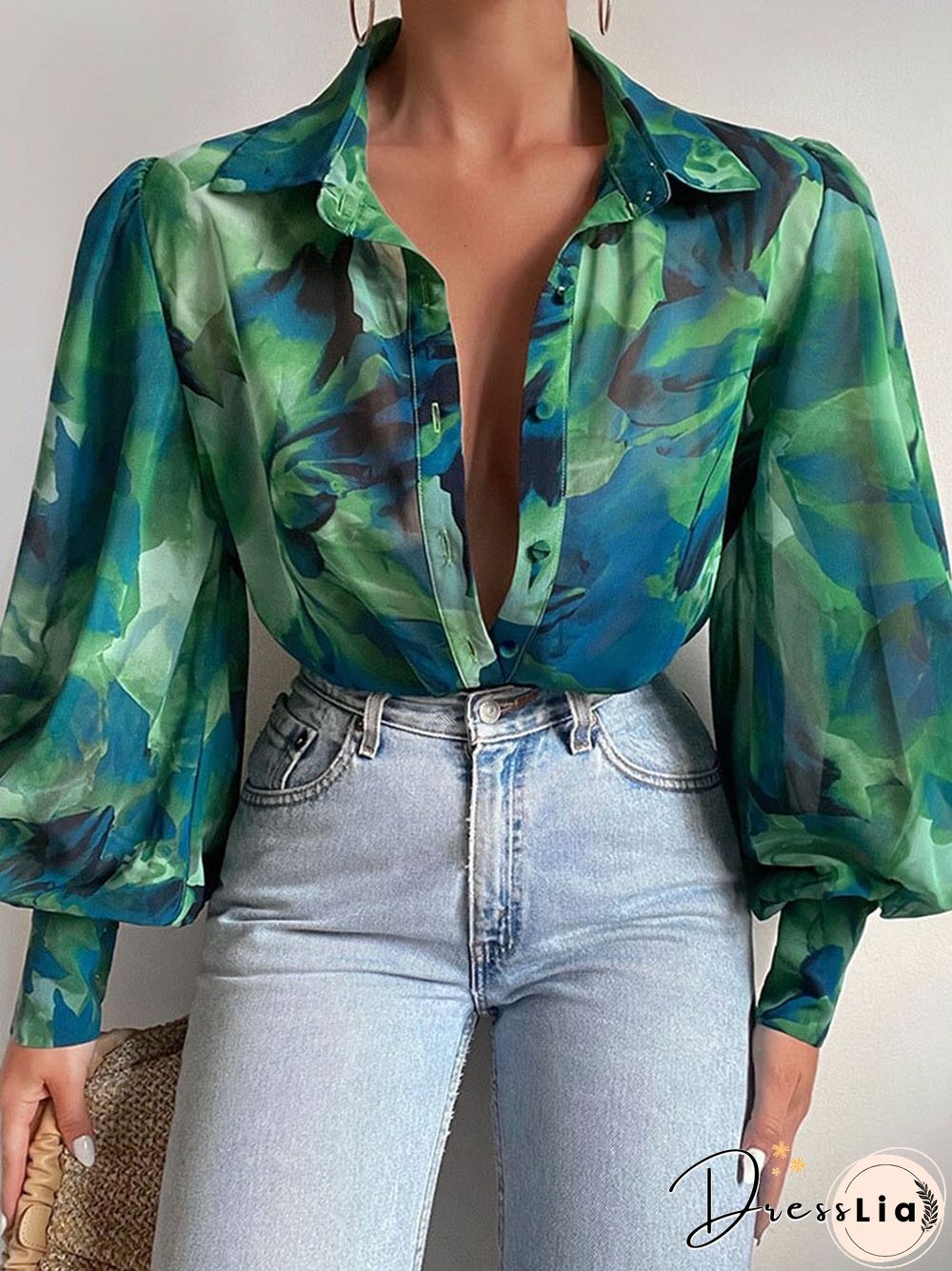 Fashion Lantern Sleeve Spring Summer Tops Blouses Casual Pattern Printed Single-bleached