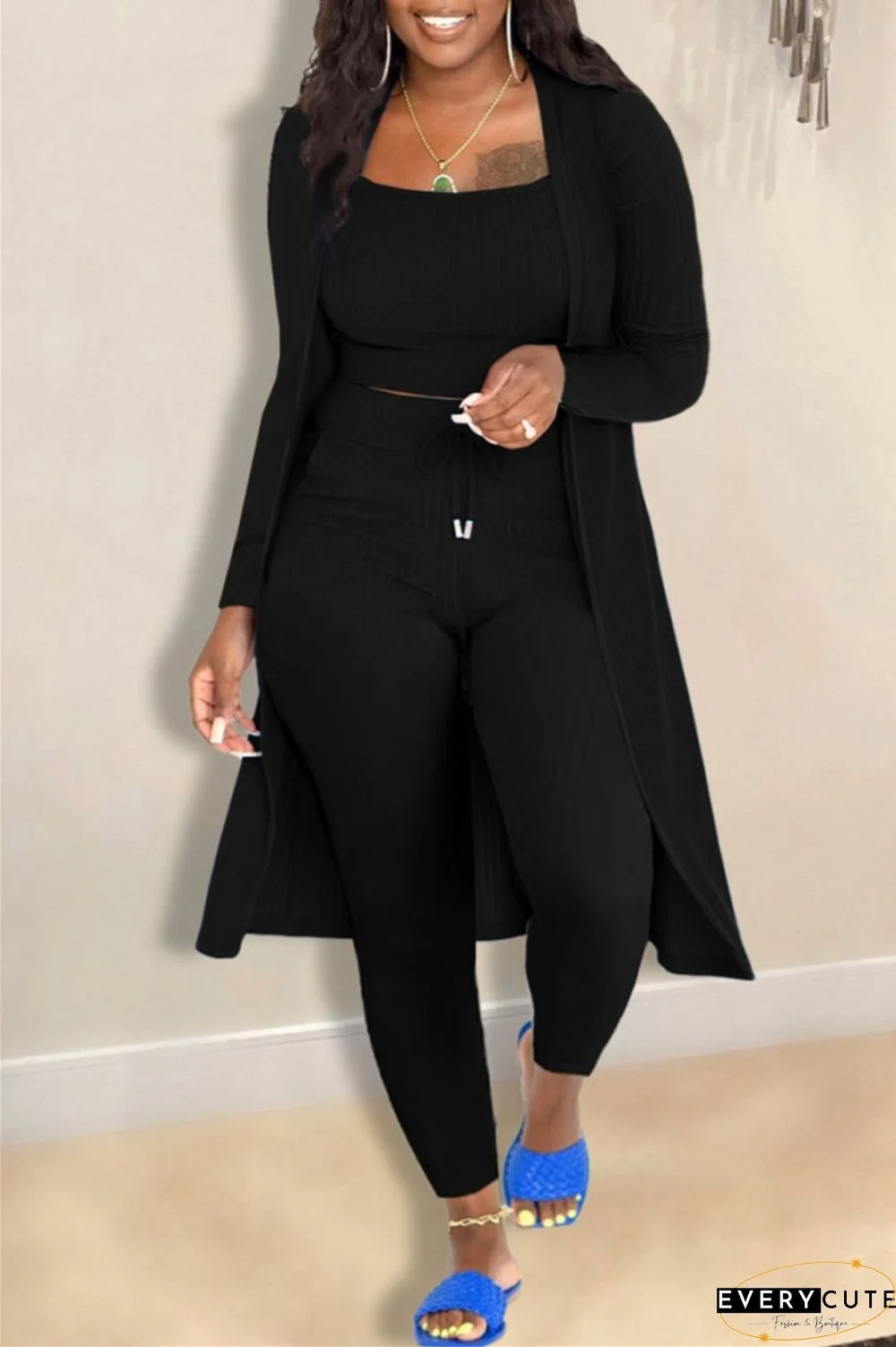 Casual Solid Cardigan Vests Pants Long Sleeve Three Piece Set