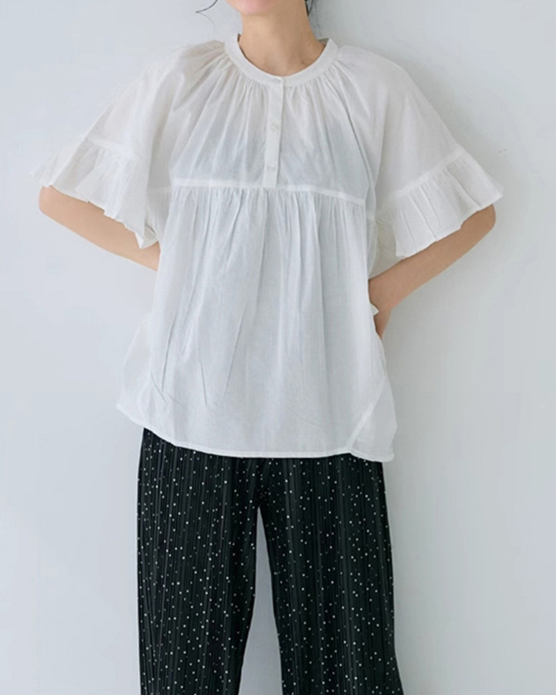 Ruffled Short Sleeve Round Neck Button Detail Loose Shirt