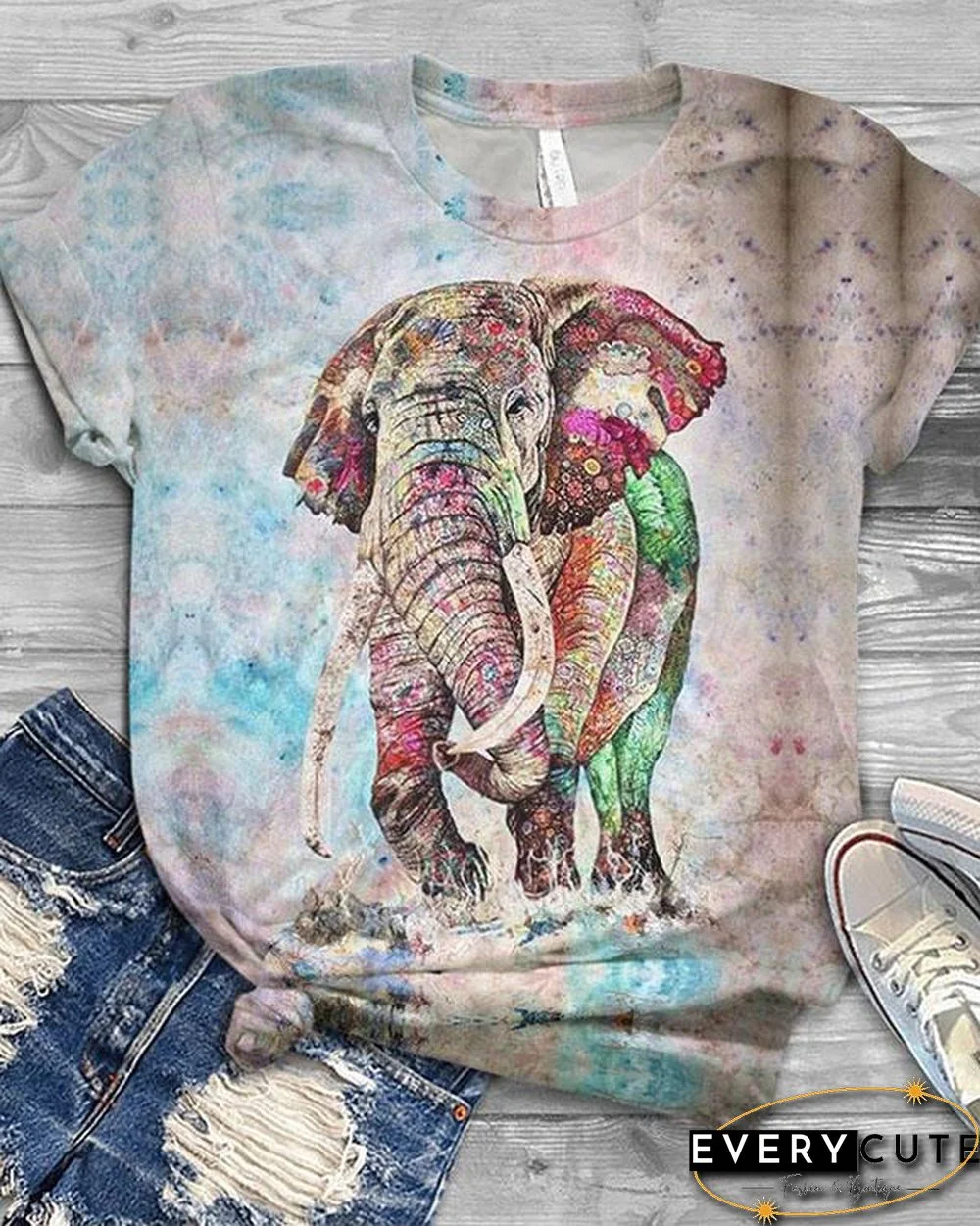 Elephant Printed Casual Crew Neck Cotton-Blend Shirts & Tops