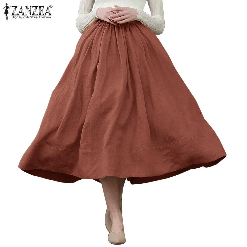 ZANZEA Women Vintage Skirts 2022 Summer Office Lady Midi Skirt Casual Solid A-line Pockets Zipper Oversized Cotton Linen Skirts