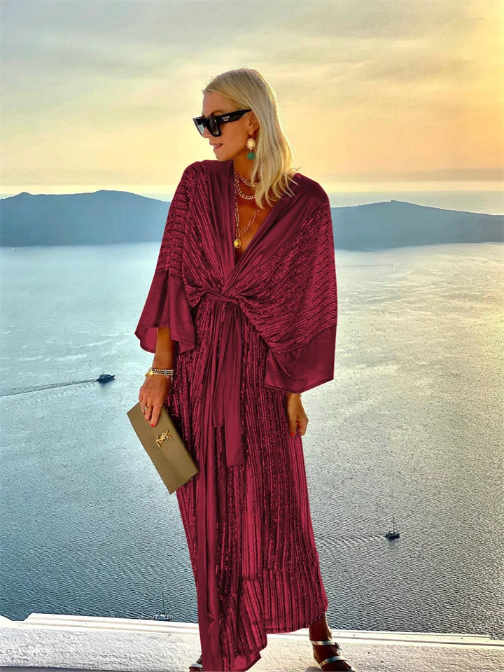 Spring and Summer Temperament Women's Sequin V-neck Cardigan Bat Sleeve Mid-waist Elegant Wind Party Vacation Dress-JRSEE