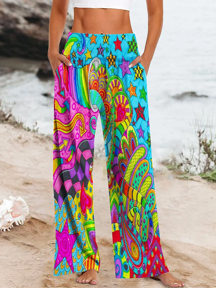 🔥kukelife🔥Hippie Psychedelic Moon Checkerboard Mosaic Art Pattern High Waisted Baggy Pants with Pockets