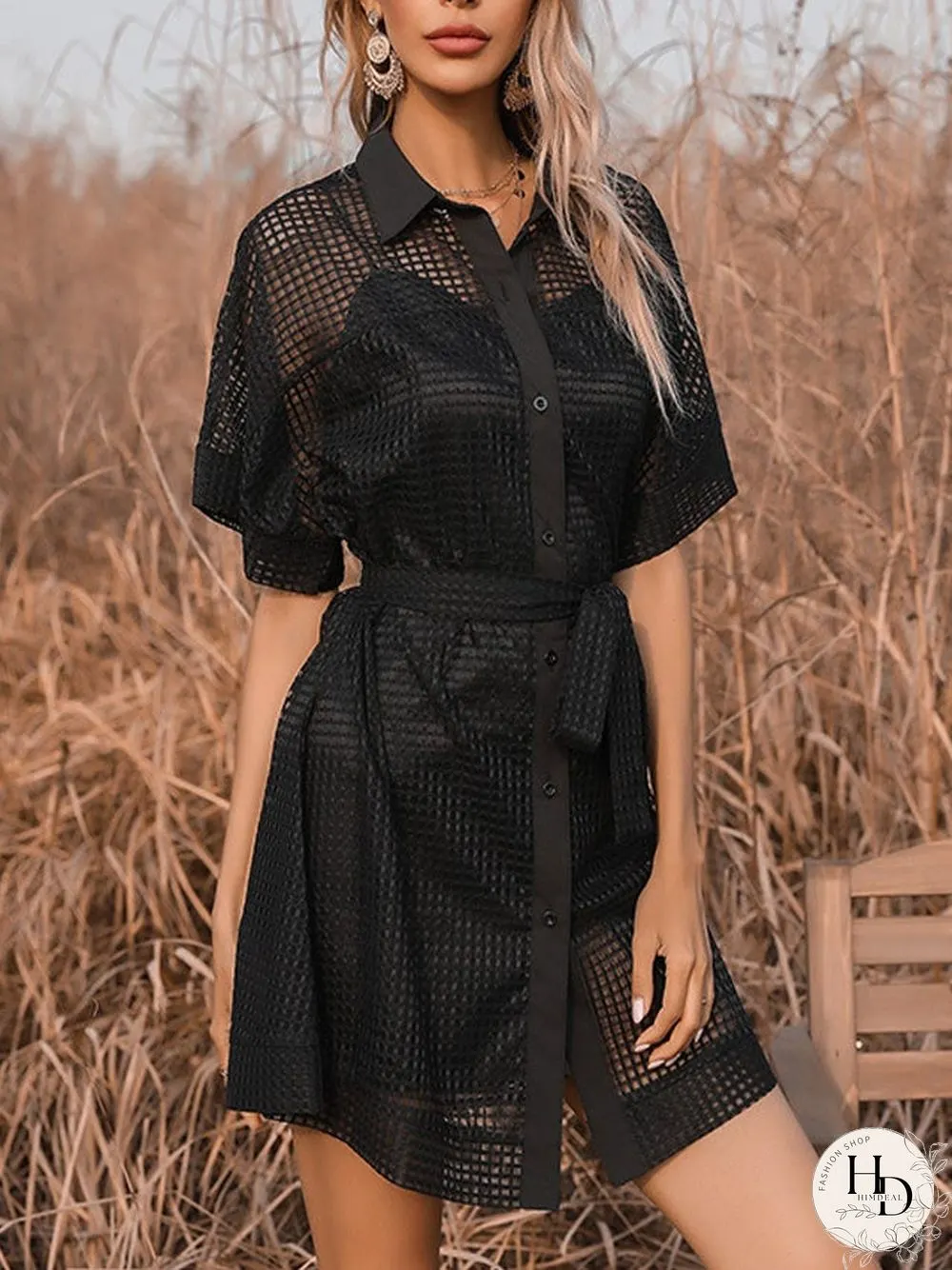 New Fashion Lace-up Black Mesh Perspective Dress Black Dresses