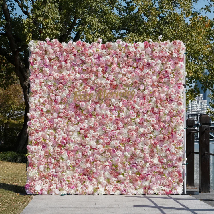5D White and Pink Fabric Artificial Rolling Up Curtain Flower Wall