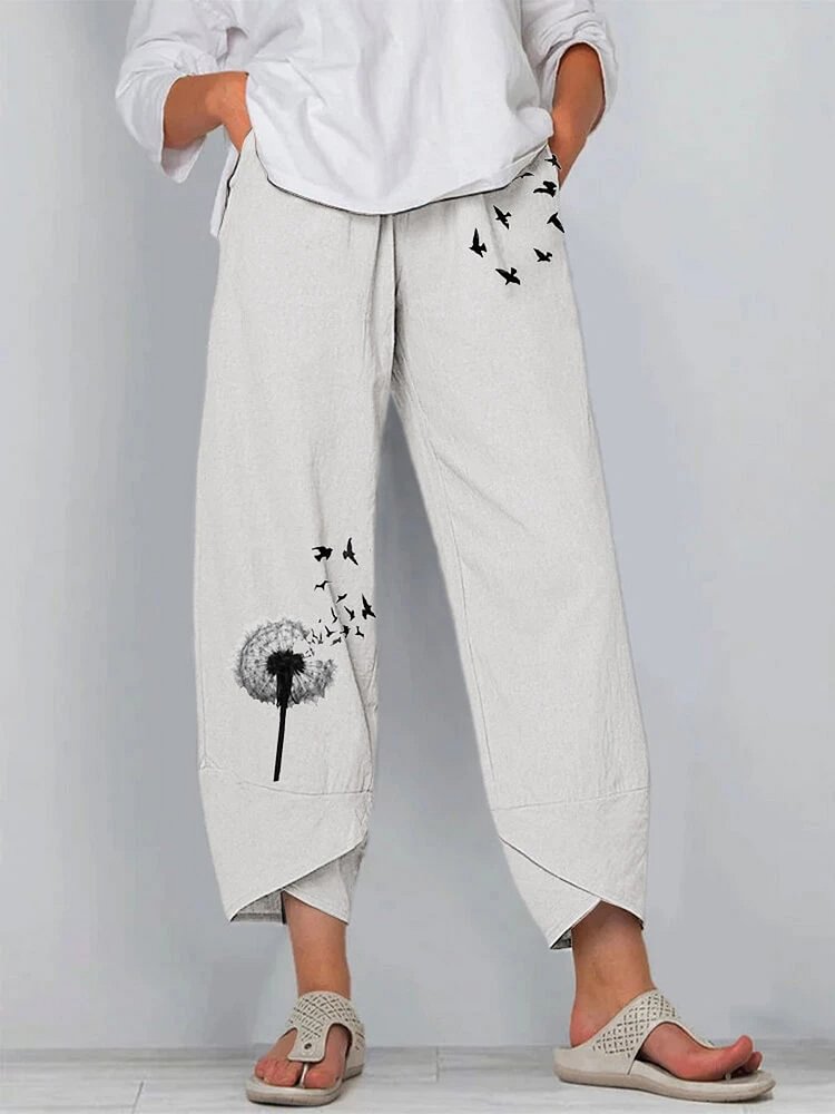 Butterfly Dandelions Flower Print Slit Hem Casual Pants With Pocket