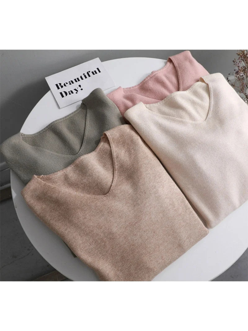 chic casual Autumn Winter Basic Sweater pullovers Women v-neck Solid Knit Slim Pullover female Long Sleeve warm Khaki Sweater