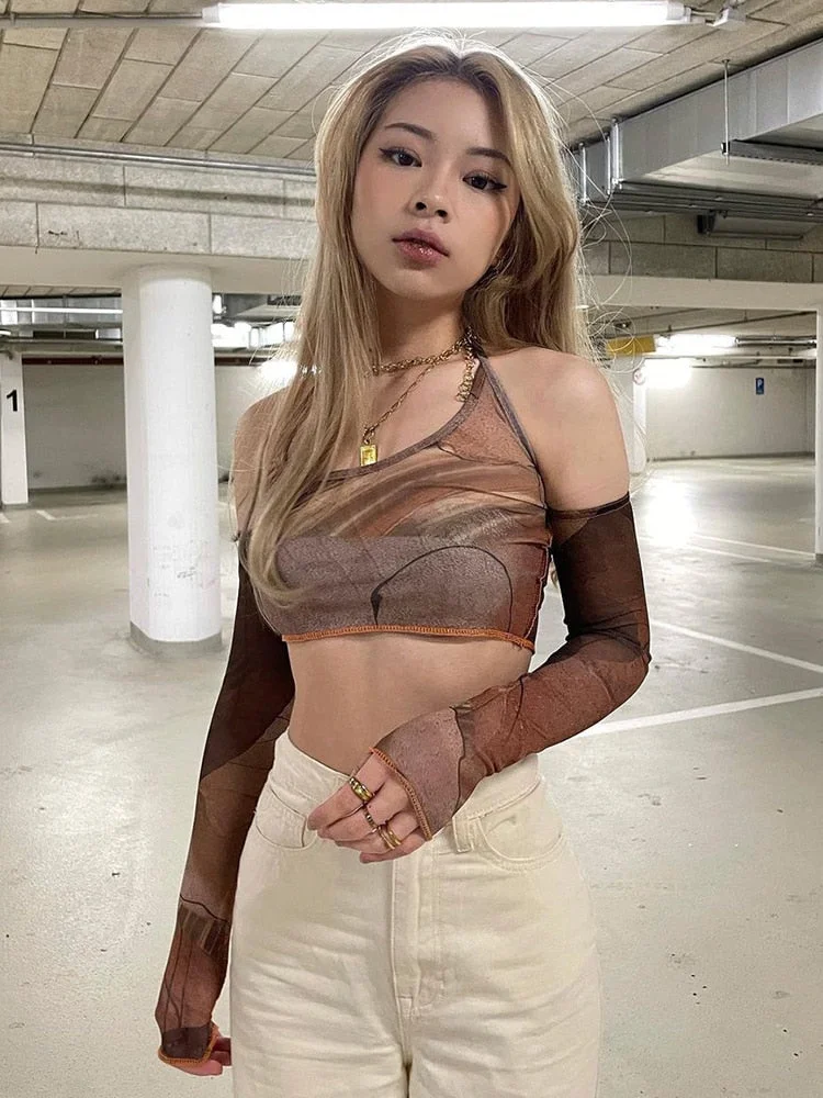 Rapcopter Printed Brown Corset Top Vintage Crop Top y2k Grunge Kawaii With Glove Fashion Sweats Women Summer Camis Korean Style