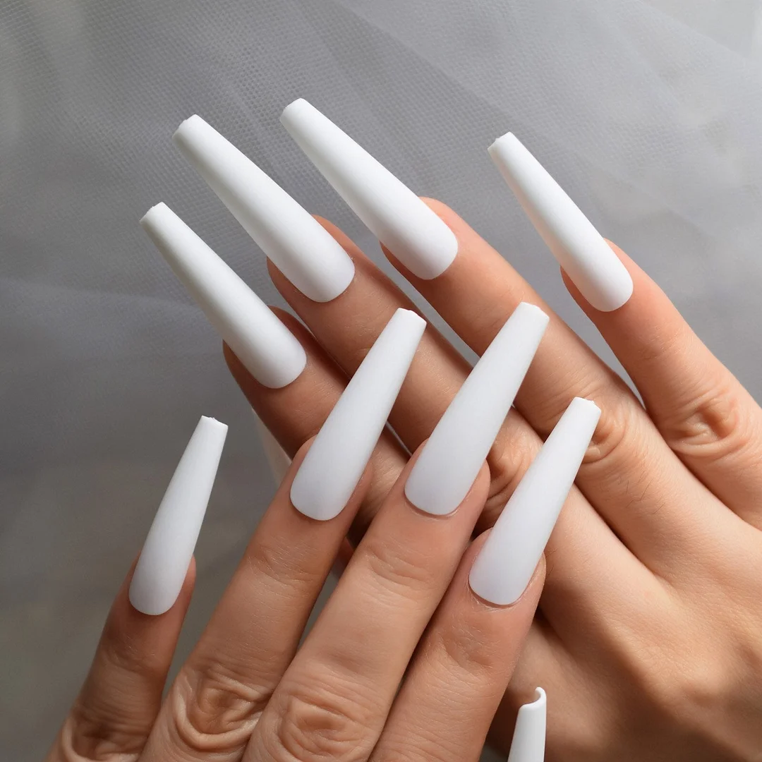 Extremely Long Coffin Press On Nails Beige Black French False Nail Tips Full Cover Glossy Ballerina Fake Finger Nails Manicure-Nail Inspo