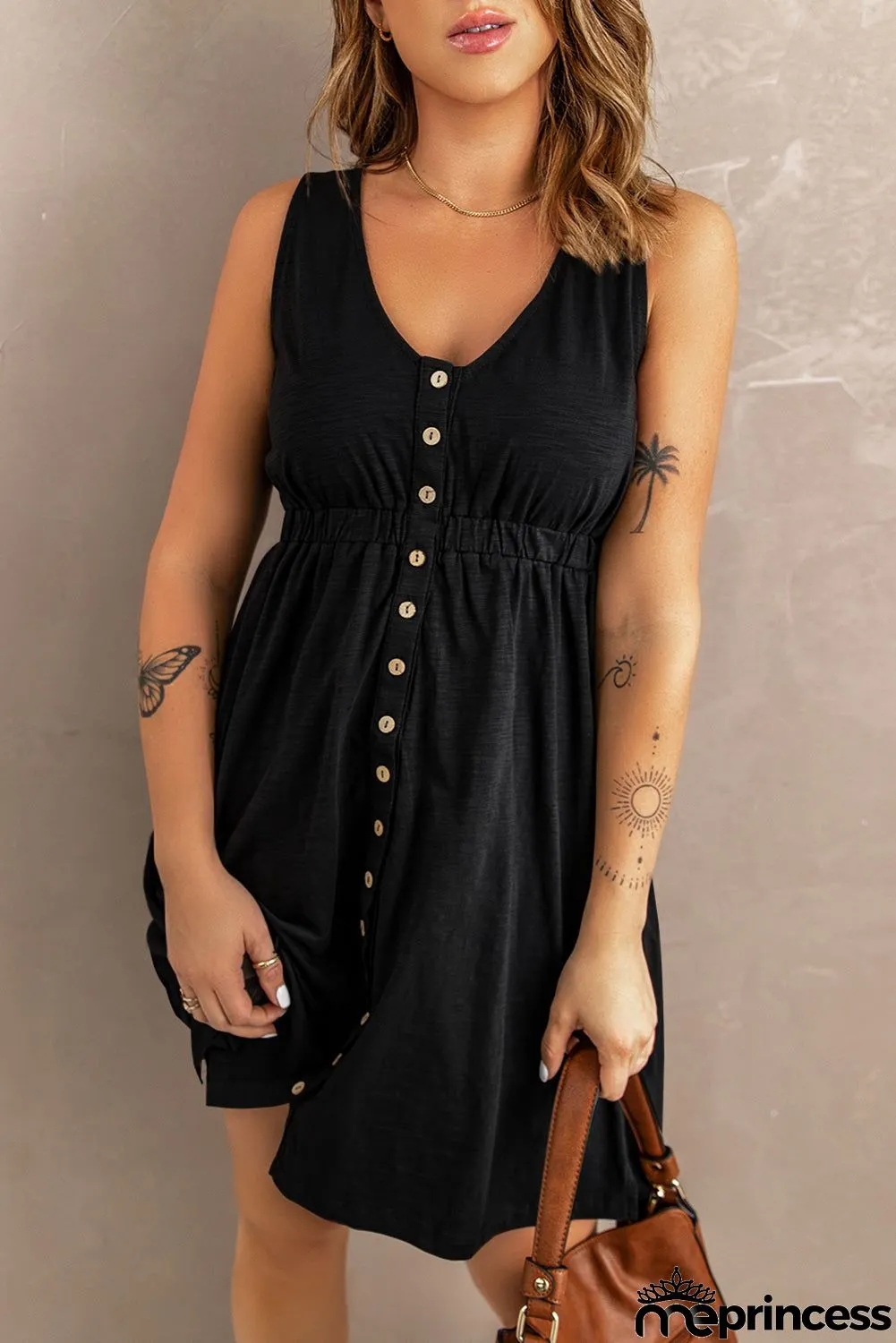 Buttons Sleeveless High Waist Mini Dress
