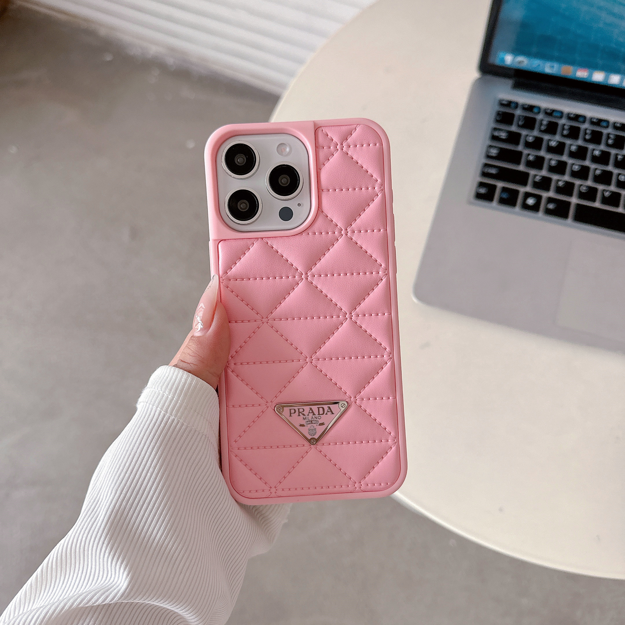 Prada Elegant Metal Monogram Diamond-Quilted Lambskim Leather Apple iPhone Case