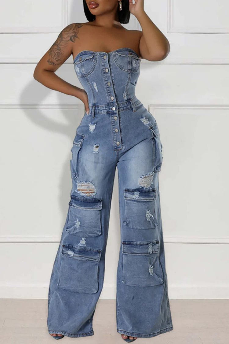Ripped Denim Strapless Button Up Pockets Cargo Jumpsuit-Blue