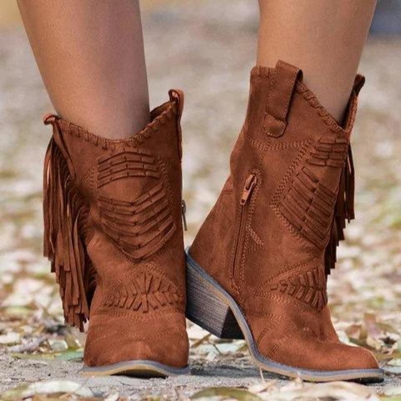 Women's retro ankle high fringe cowboy boots chunky block heel short western boots