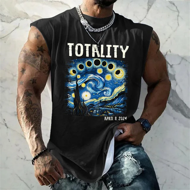 Comstylish Retro Starry Night & Totality Solar Eclipse Of April 8, 2024 Print Sleeveless 100% Cotton Tank Top