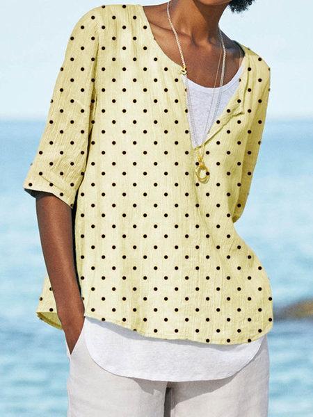 Polka Dots V Neck Casual Half Sleeve Shirts & Tops