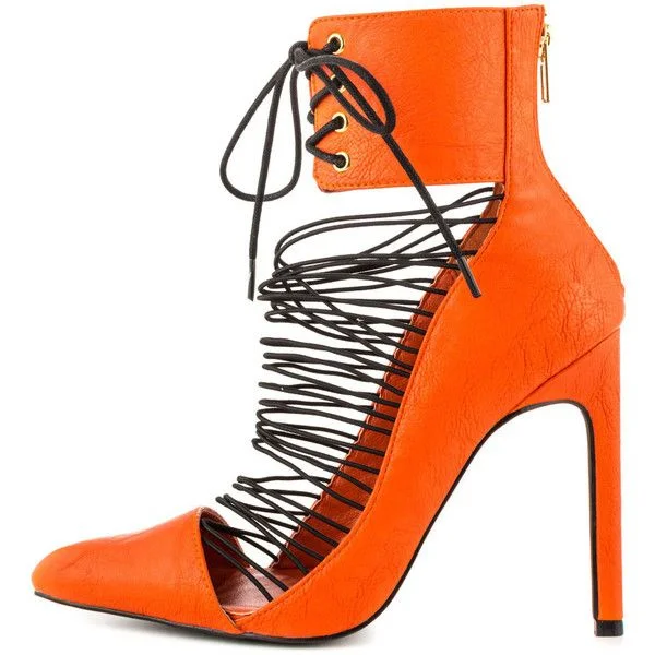 Women's Orange Stiletto Heels Sandals Strappy Lace Up Summer Boots |FSJ Shoes