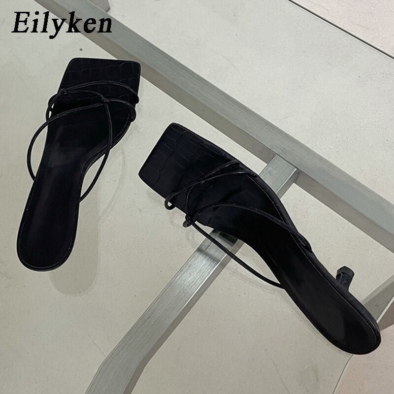 Eilyken 2022 New Summer Slippers Thin Low Heels Slides Fashion Narrow Band Square Toe Sandal Shoes Ladies Elegant Flip Flops