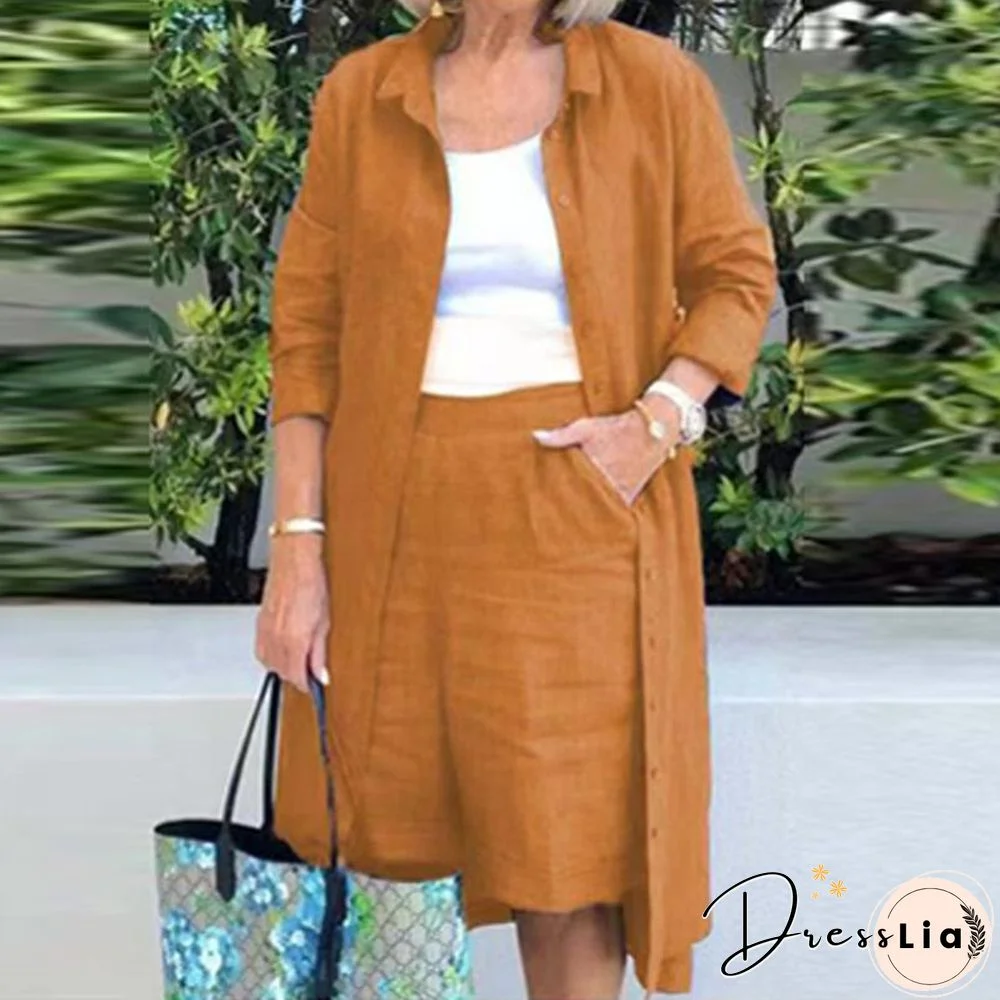 Cotton Linen Women 2Pcs Set Outfits Autumn Fashion Solid Loose  Casual Button Long Shirt Jacket+Straight Knee Shorts Suits Mujer