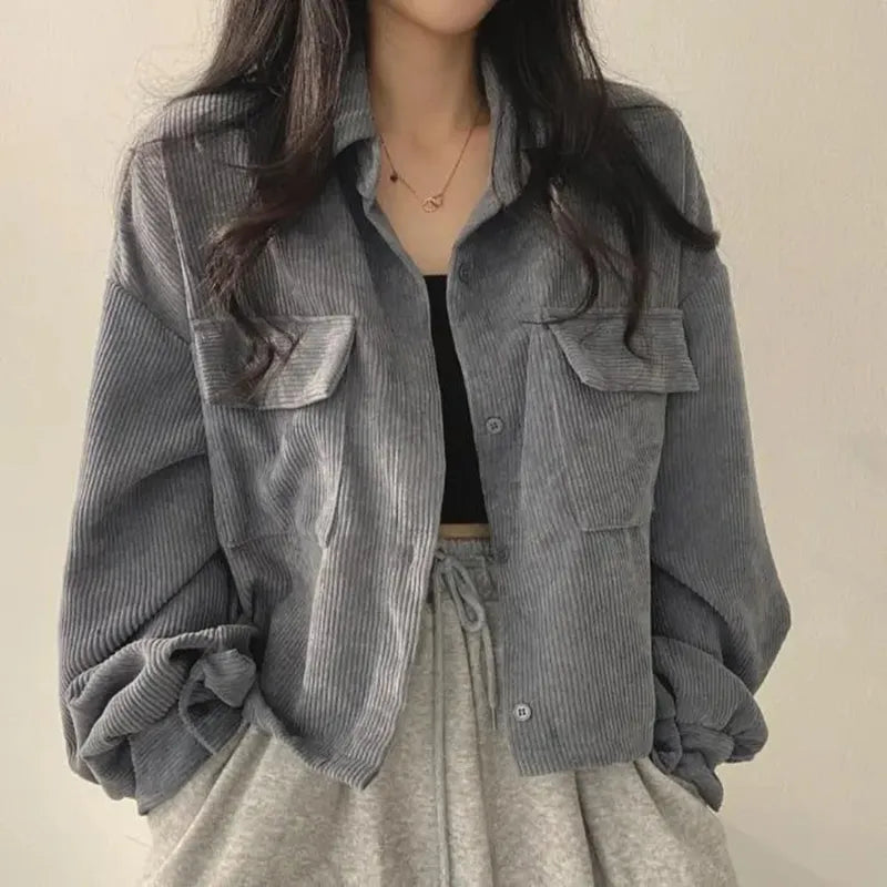 Lucyever 2023 Autumn Retro Corduroy Blouse Women Single-Breasted Turndown Collar Cropped Jacket Female Pockets Casual Shirts Top LANFUBEISI