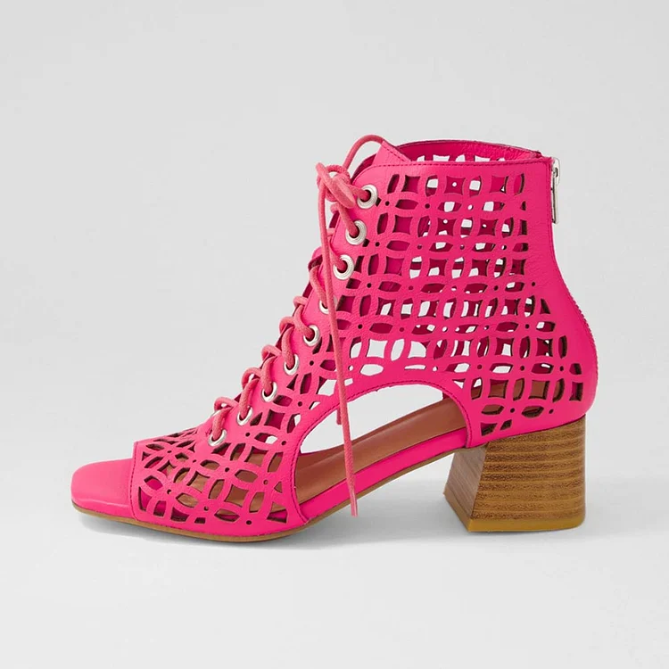 Hot Pink Square Toe Cutout Lace-Up Ankle Boots with Block Heels |FSJ Shoes