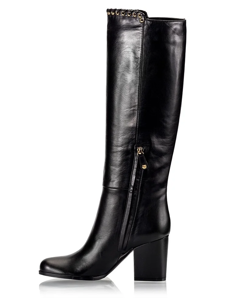Chunky Heel Knee-high Black Studs Boots Vdcoo