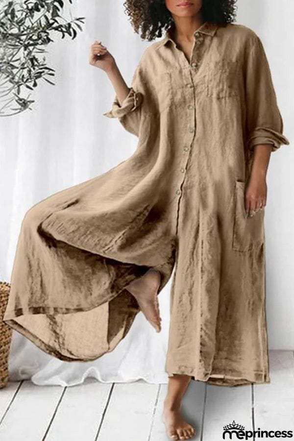 Amaris Cotton and Linen Blend Long Sleeve Loose Wide Leg Shirt Jumpsuit