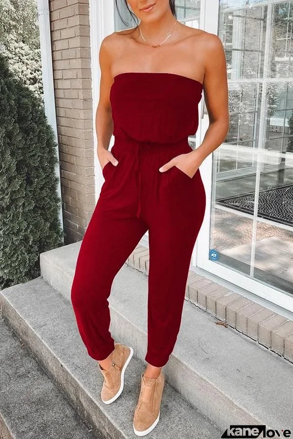 Cotton Solid Strapless Drawstring Pocket Jumpsuit