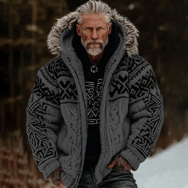 Men's Viking Celtic Art Cozy Fur Collar Knit Hooded Sweater Jacket