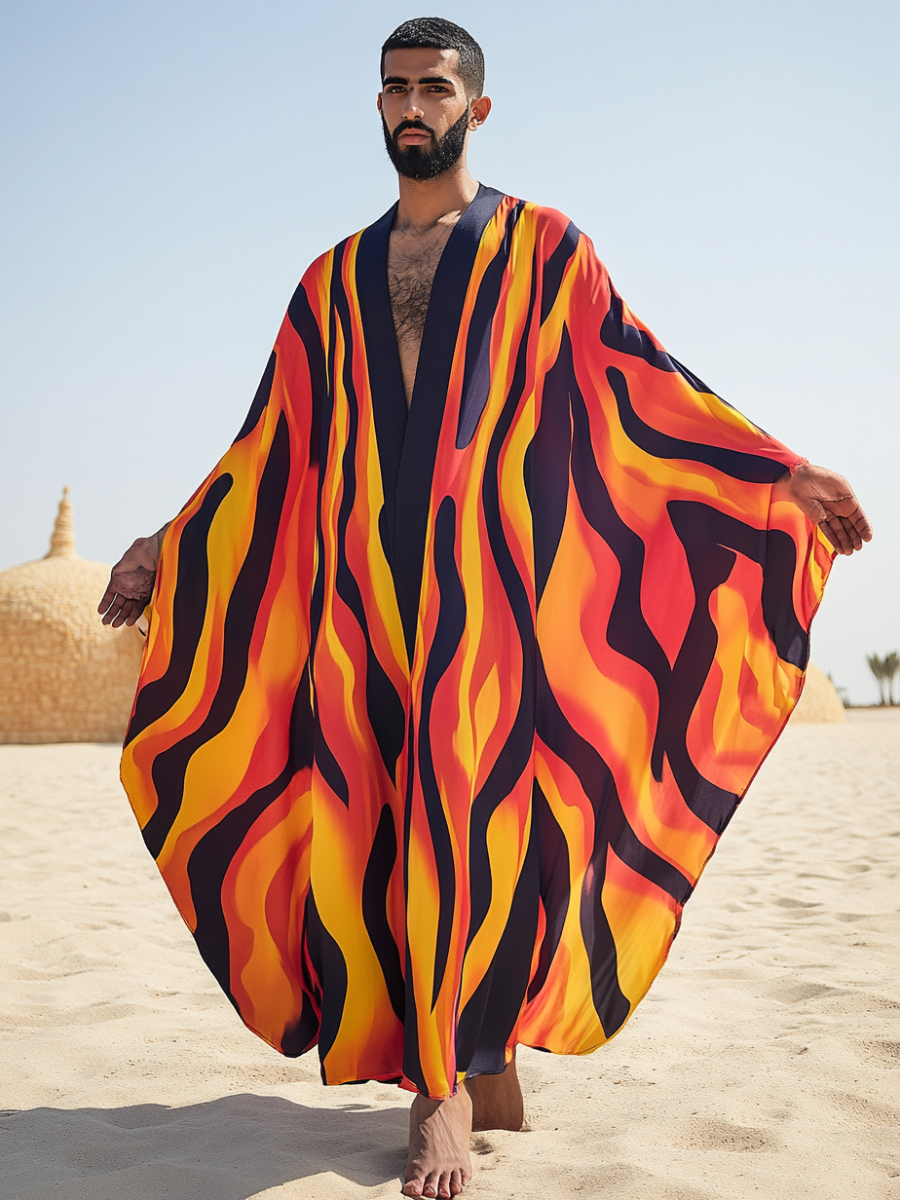 Men's Red Flame Polyester V Neck Robe