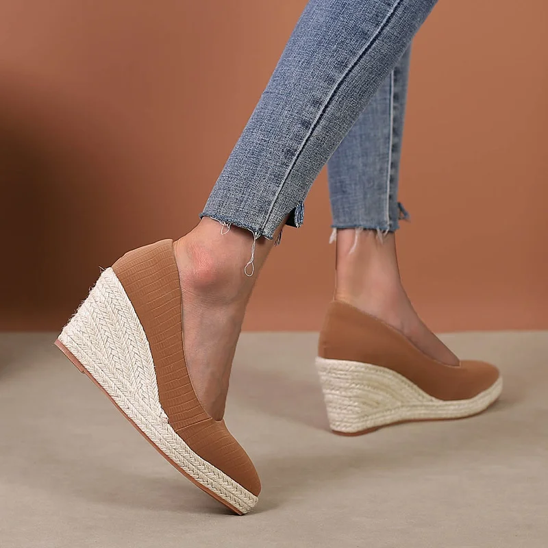 Wongn Wongn And Autumn Slope With Thick Platform High Heel Pointed Single Shoes Women Grass Hemp Rope Bottom