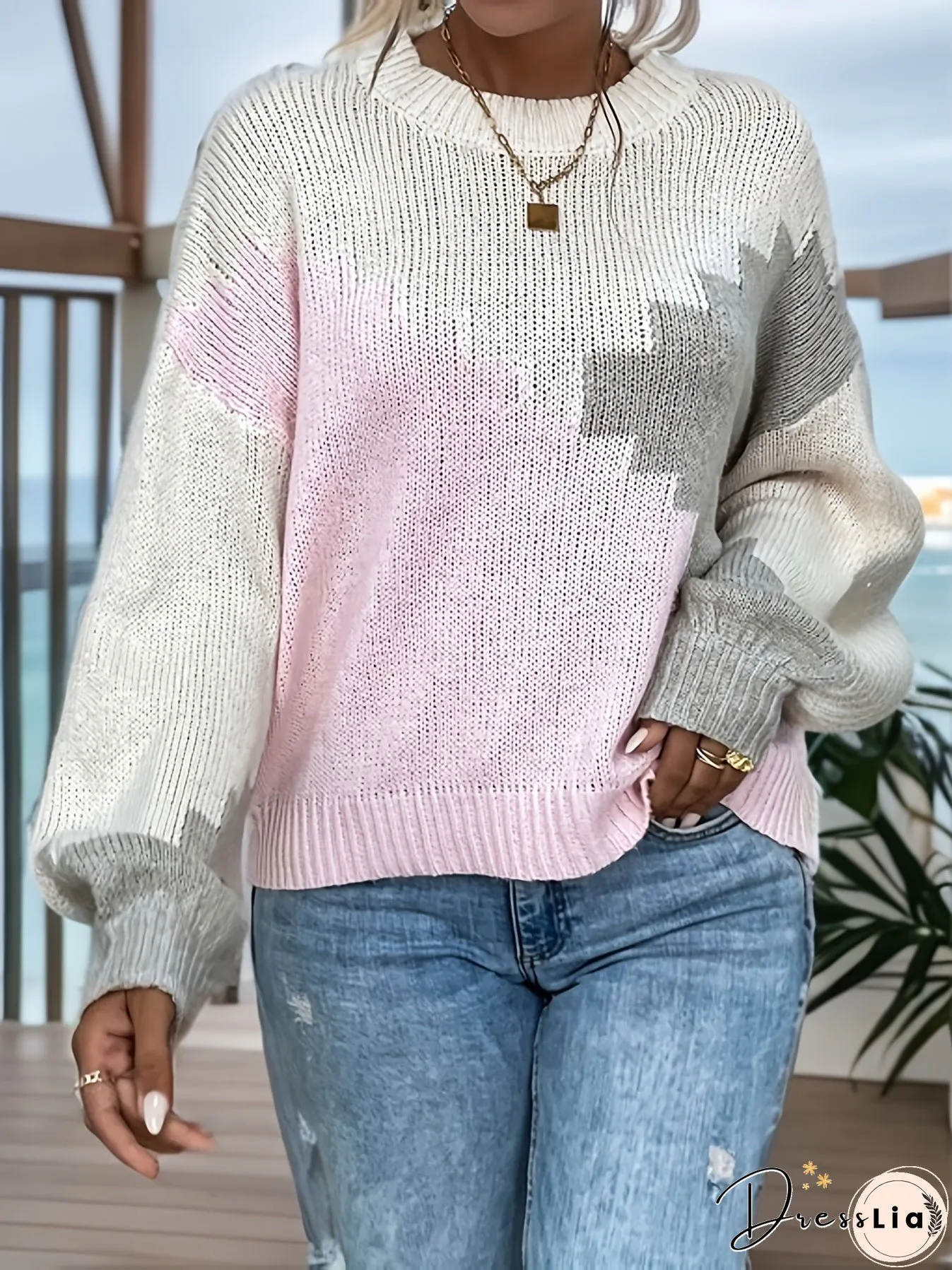Color Block Crew Neck Sweater, Casual Long Sleeve Drop Shoulder Sweater, Women's Clothing