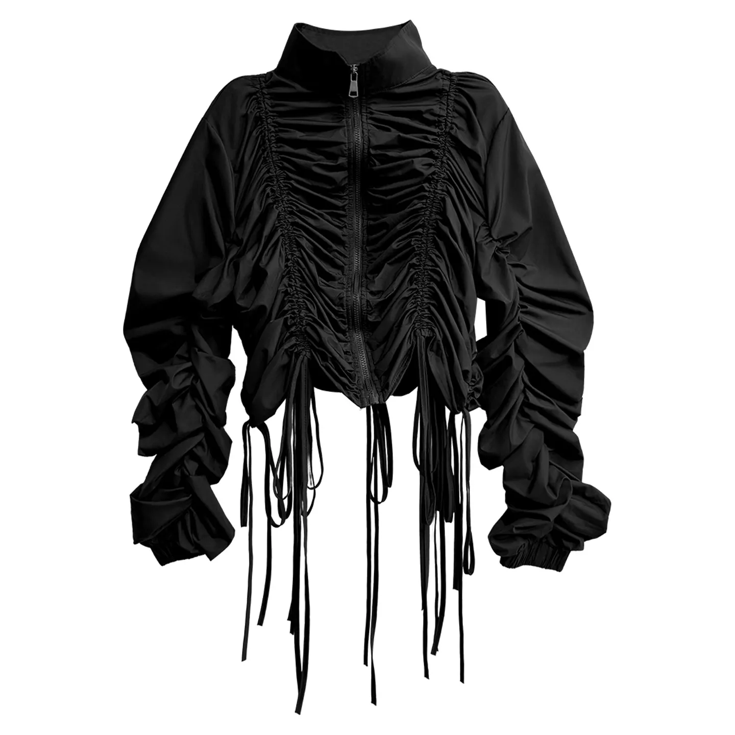 Irregular drawstring pleated jacket & fringed skirt set